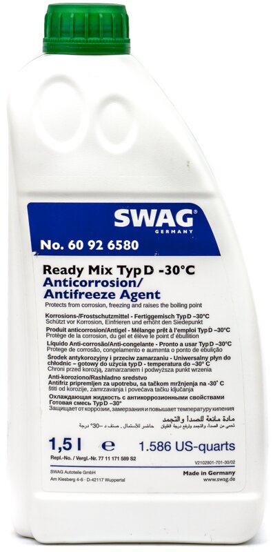 Зеленый антифриз Swag 60926580 Ready Mix Typ D -30°, 1,5 л - Фото 1 Зеленый антифриз Swag 60926580 Ready Mix Typ D -30°, 1,5 л - Фото 1