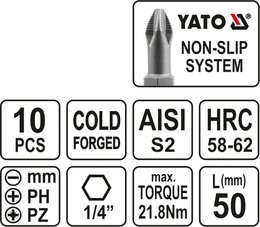 Набор бит Yato, 10 предметов (1/4" 50 мм: SL5-SL6, PH1-PH2 по 2 шт., PZ1-PZ2 по 2 шт.), в кассете - Фото 3