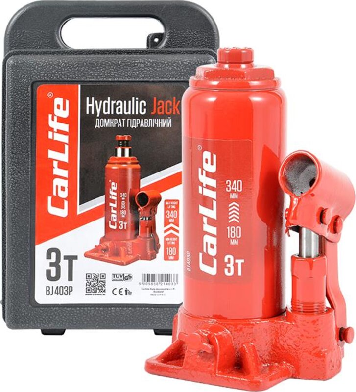 Домкрат бутылочный 3 т 180-340 мм гидравлический в кейсе CARLIFE (BJ403P) CarLife BJ403P - Фото 1