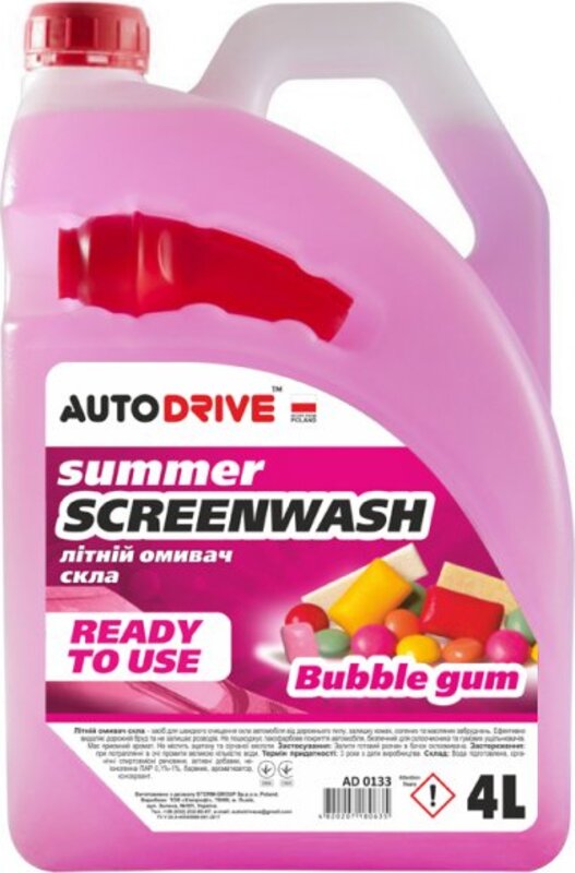 AUTO DRIVE Омивач скла літній, Auto Drive Summer Screen Wash Bubble Gum 4Л. AD0133 - Фото 1